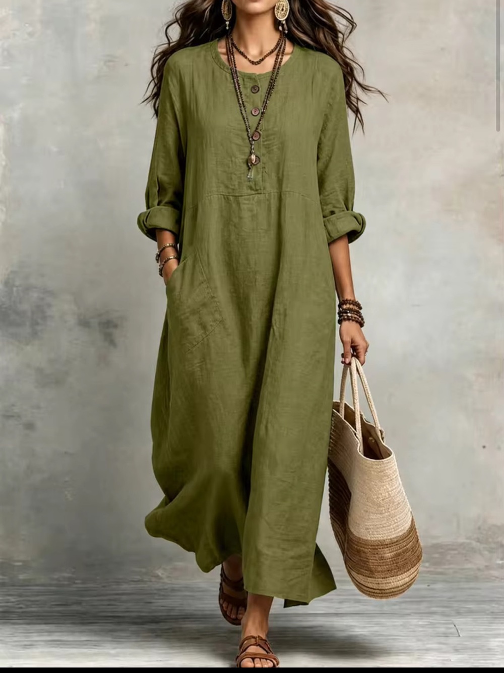 SHEIN Olive Green Button-Front Linen Midi Dress NWOT
